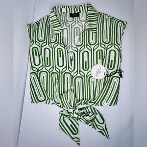 Milk & Honey. green and white patterned tie-front top  Size small